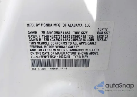 2017 Honda Pilot Ex из США, поврежденный, VIN 5FNYF5H34HB039345